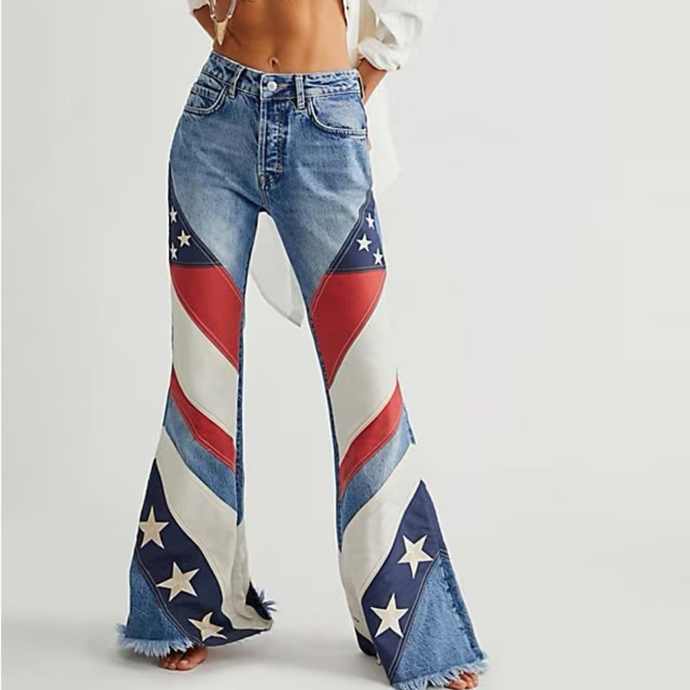 Free People Star Pattern Flare Jeans - Red, White, Blue